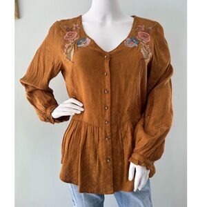 April Cornell Orange Brown Embroidered Floral Peasant Top Blouse size Small